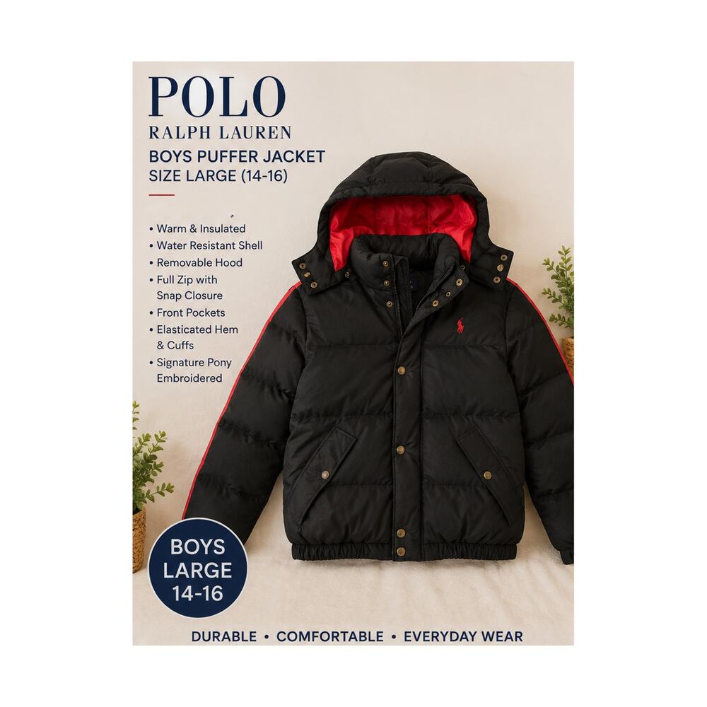 Polo Ralph Lauren Coat Boys Size L 14-16 Duck Down Black Red Puffer Hood Winter